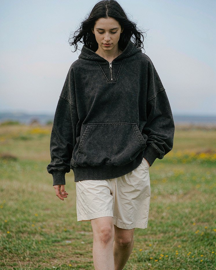 Heavy Hoodie in Washed Black worn by a model