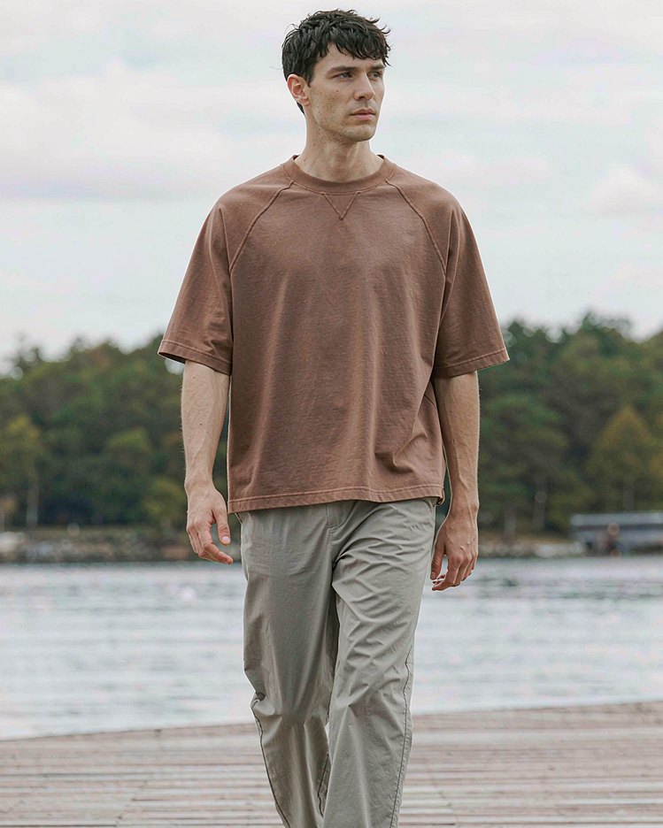 Heavy T-Shirt in Clay Brown worn by a model