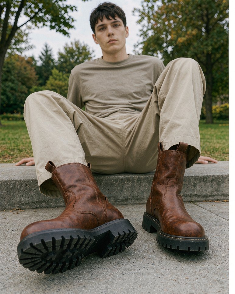 Leather Boot in Brown Leather worn by a model