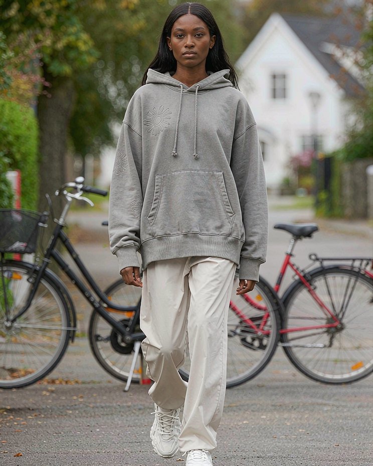 Sleeve Print Hoodie in Heather Grey worn by a model