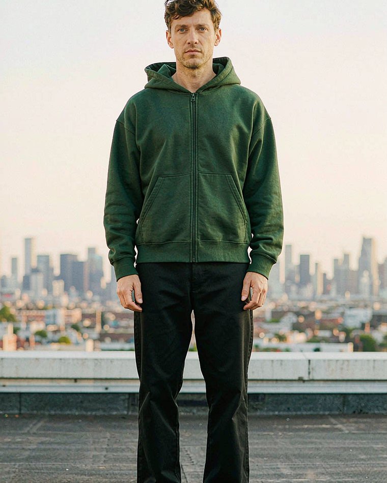Zip Hoodie in Forest Green worn by a model